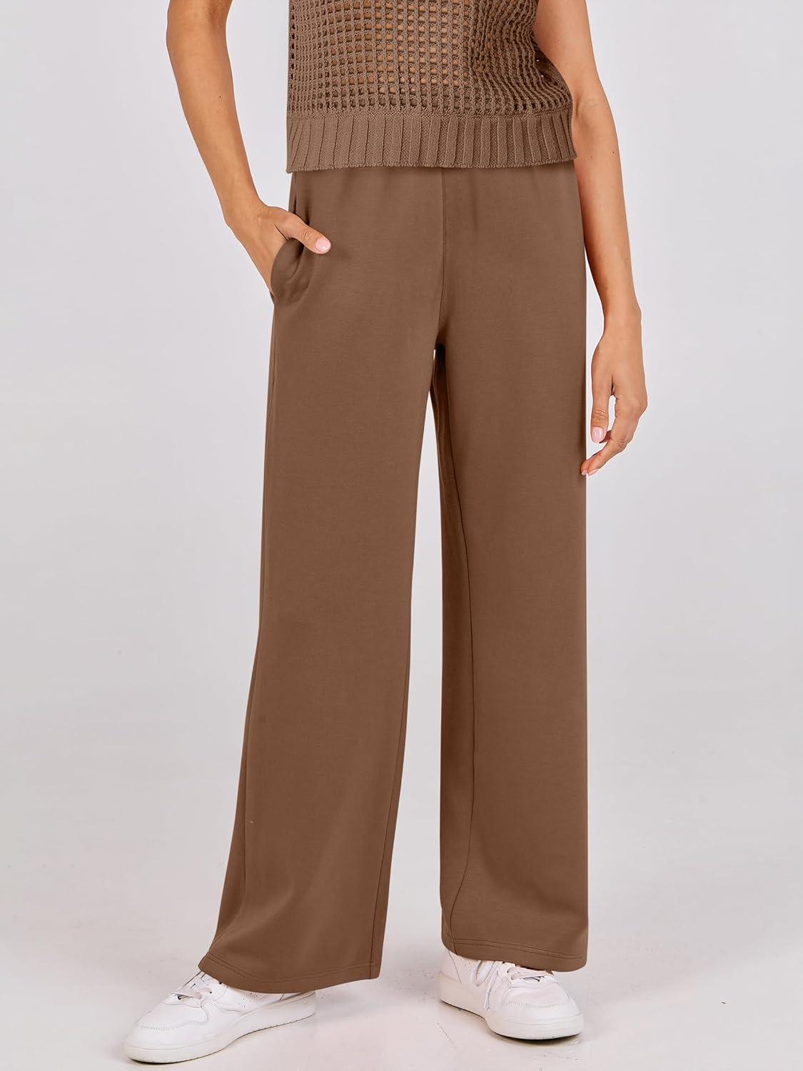 imageANRABESS Women Two Piece Outfits Crochet Sheer Knit Sweater Top Wide Leg Pants Lounge Matching Sets Sweatsuit Travel ClothesBrown