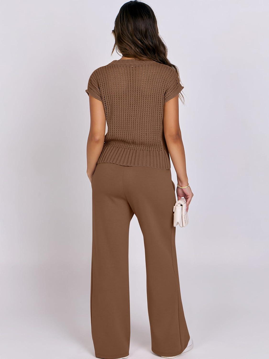 imageANRABESS Women Two Piece Outfits Crochet Sheer Knit Sweater Top Wide Leg Pants Lounge Matching Sets Sweatsuit Travel ClothesBrown