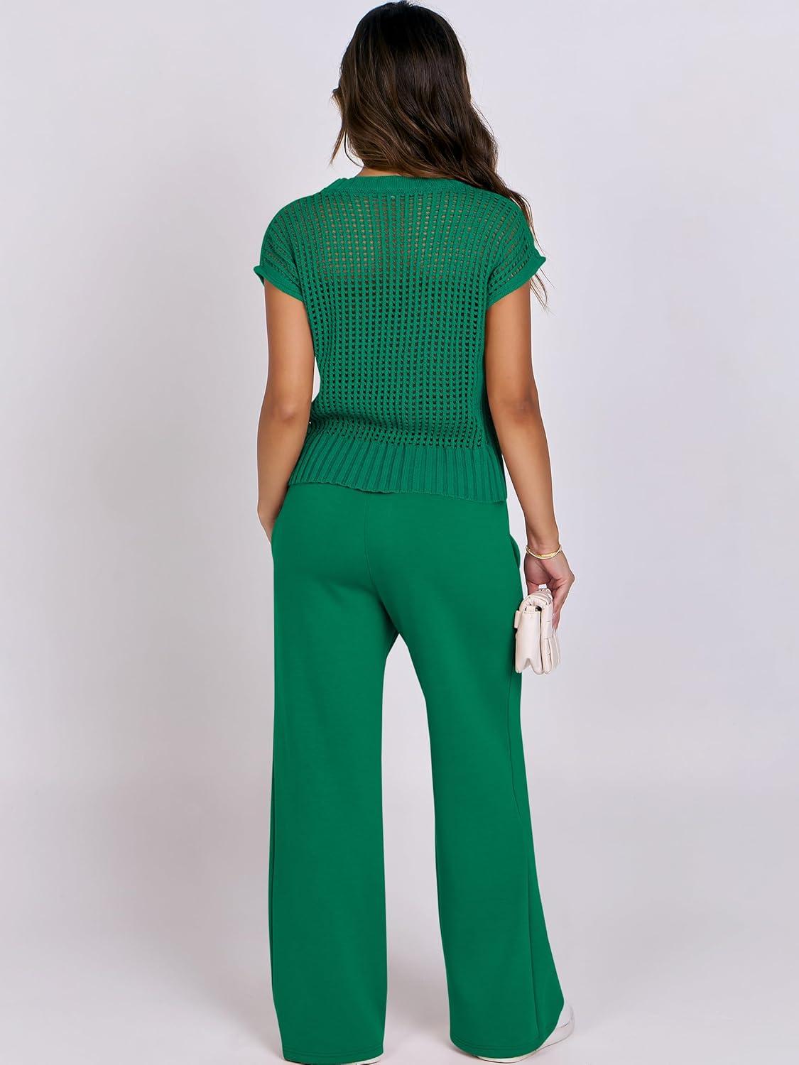 imageANRABESS Women Two Piece Outfits Crochet Sheer Knit Sweater Top Wide Leg Pants Lounge Matching Sets Sweatsuit Travel ClothesGreen