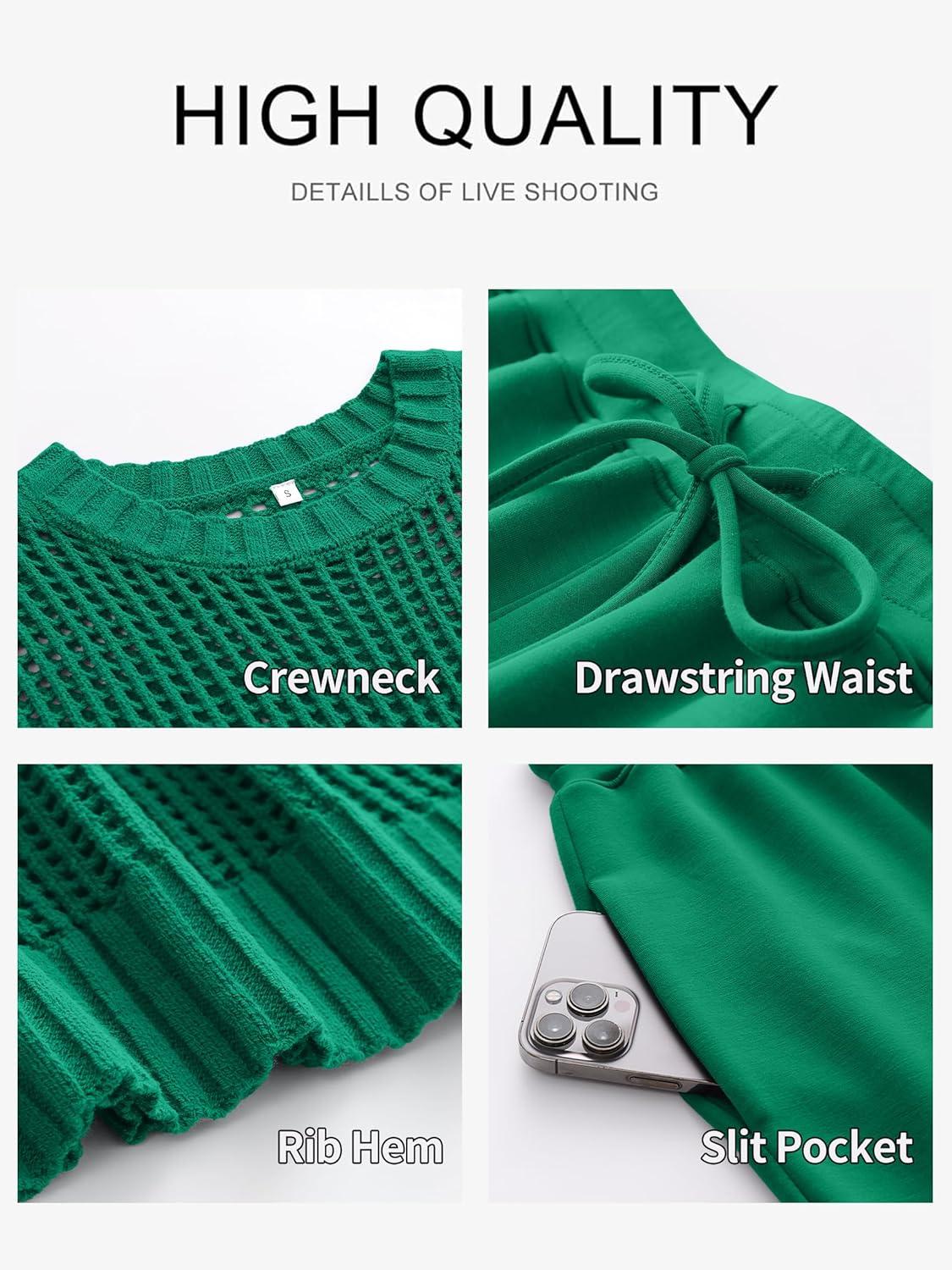 imageANRABESS Women Two Piece Outfits Crochet Sheer Knit Sweater Top Wide Leg Pants Lounge Matching Sets Sweatsuit Travel ClothesGreen