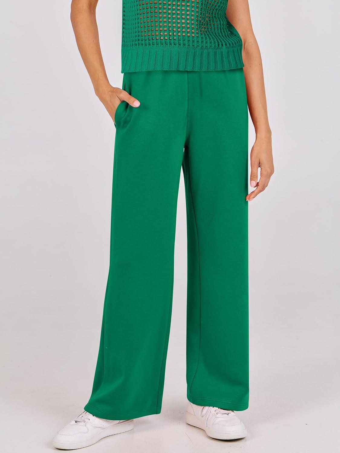 imageANRABESS Women Two Piece Outfits Crochet Sheer Knit Sweater Top Wide Leg Pants Lounge Matching Sets Sweatsuit Travel ClothesGreen