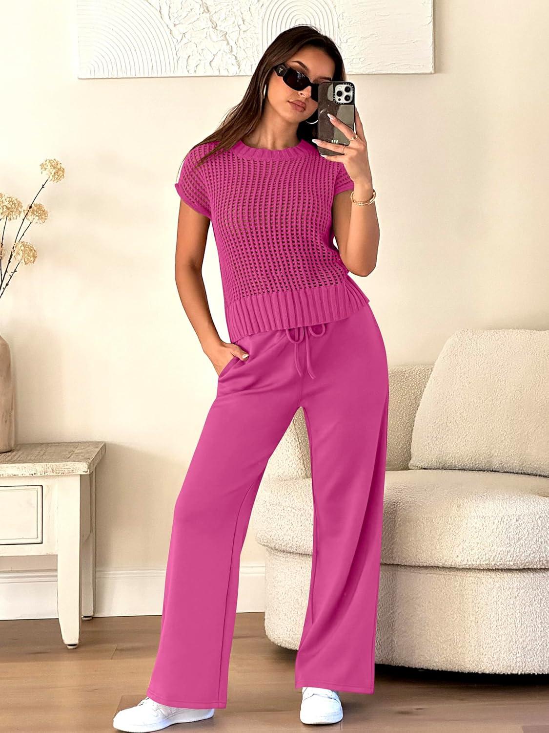 imageANRABESS Women Two Piece Outfits Crochet Sheer Knit Sweater Top Wide Leg Pants Lounge Matching Sets Sweatsuit Travel ClothesHot Pink