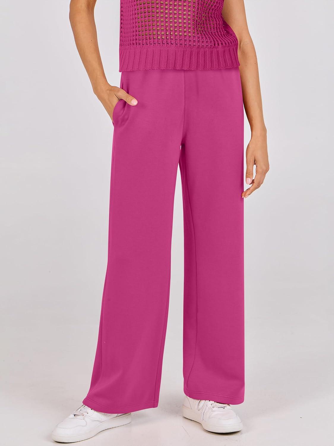 imageANRABESS Women Two Piece Outfits Crochet Sheer Knit Sweater Top Wide Leg Pants Lounge Matching Sets Sweatsuit Travel ClothesHot Pink