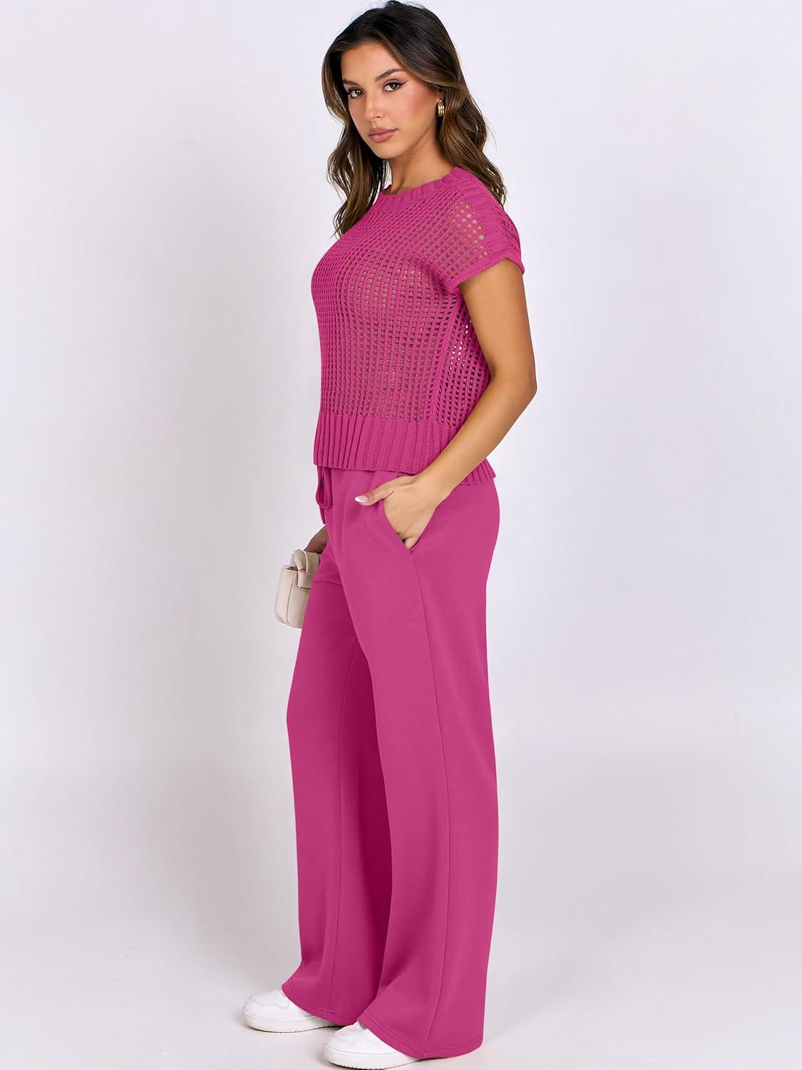 imageANRABESS Women Two Piece Outfits Crochet Sheer Knit Sweater Top Wide Leg Pants Lounge Matching Sets Sweatsuit Travel ClothesHot Pink