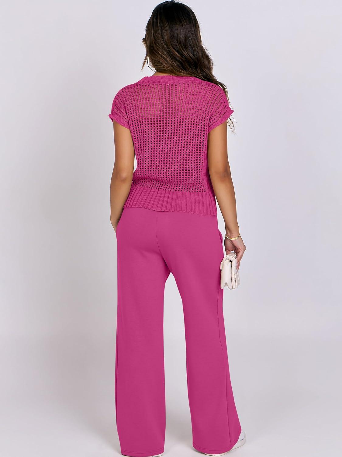 imageANRABESS Women Two Piece Outfits Crochet Sheer Knit Sweater Top Wide Leg Pants Lounge Matching Sets Sweatsuit Travel ClothesHot Pink