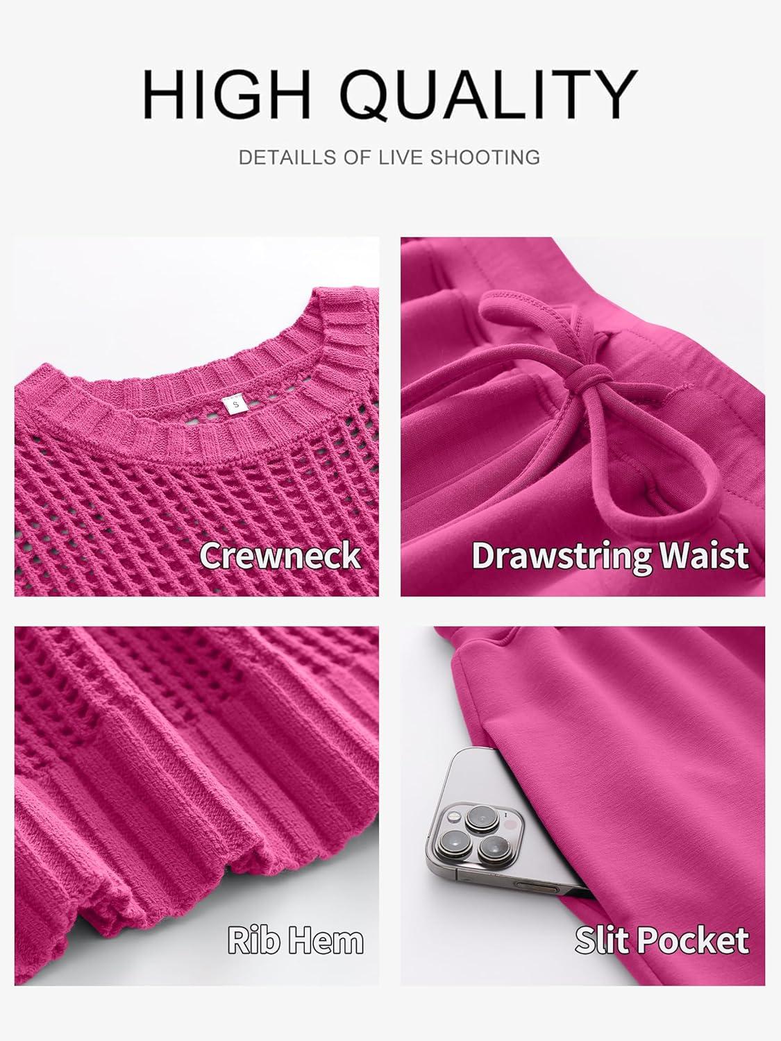 imageANRABESS Women Two Piece Outfits Crochet Sheer Knit Sweater Top Wide Leg Pants Lounge Matching Sets Sweatsuit Travel ClothesHot Pink