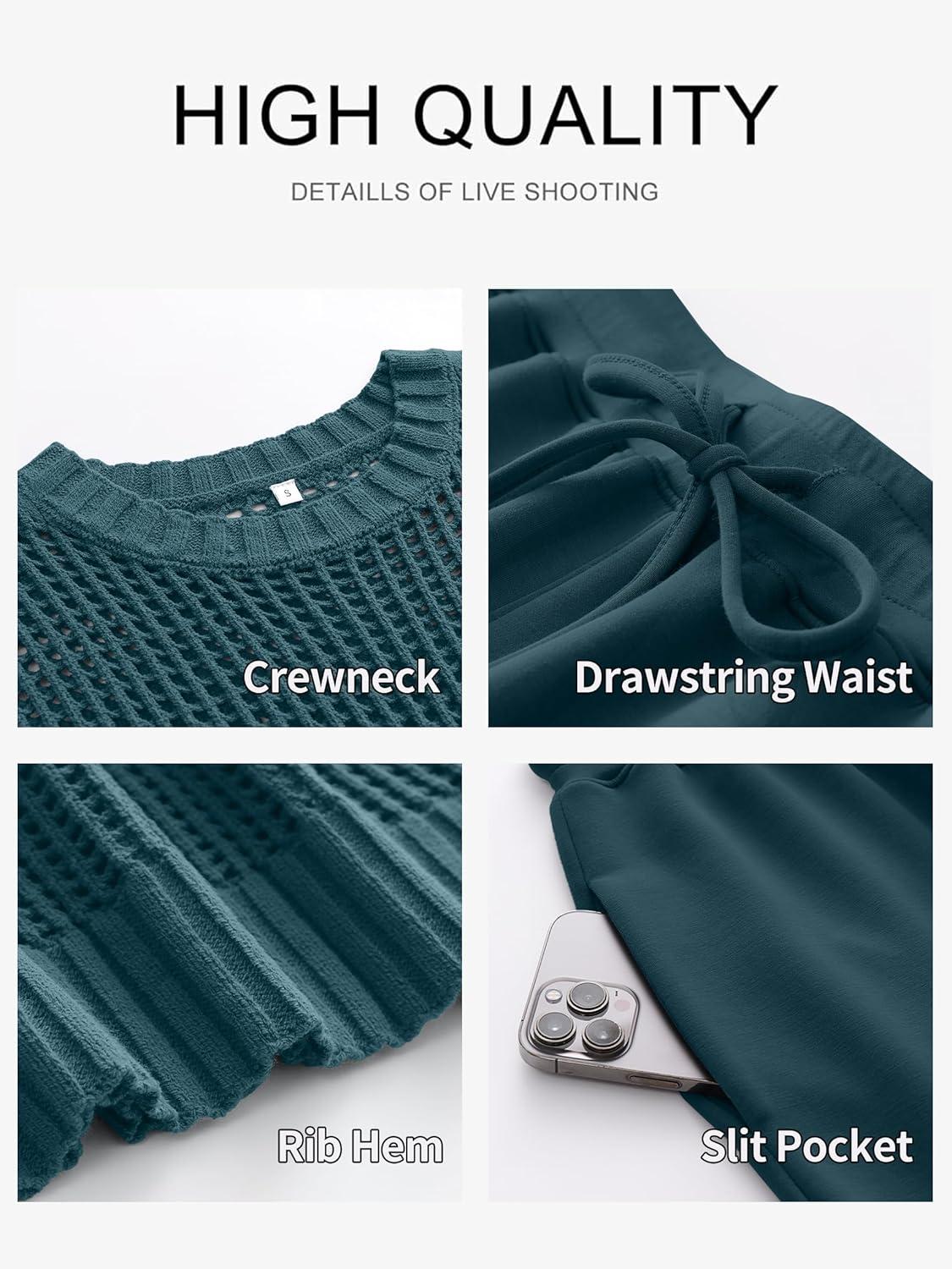 imageANRABESS Women Two Piece Outfits Crochet Sheer Knit Sweater Top Wide Leg Pants Lounge Matching Sets Sweatsuit Travel ClothesLake