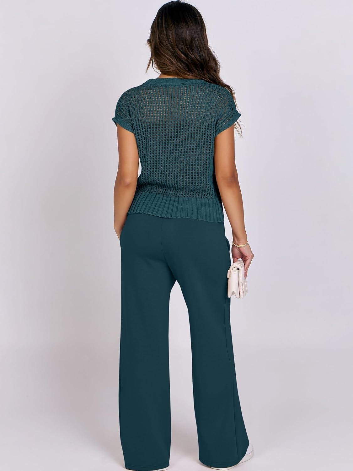 imageANRABESS Women Two Piece Outfits Crochet Sheer Knit Sweater Top Wide Leg Pants Lounge Matching Sets Sweatsuit Travel ClothesLake