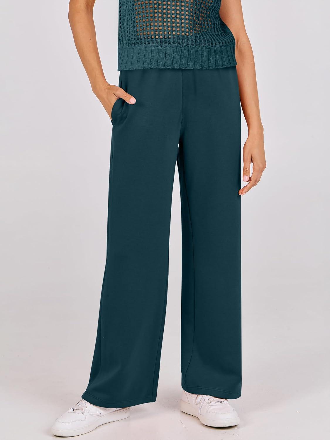 imageANRABESS Women Two Piece Outfits Crochet Sheer Knit Sweater Top Wide Leg Pants Lounge Matching Sets Sweatsuit Travel ClothesLake