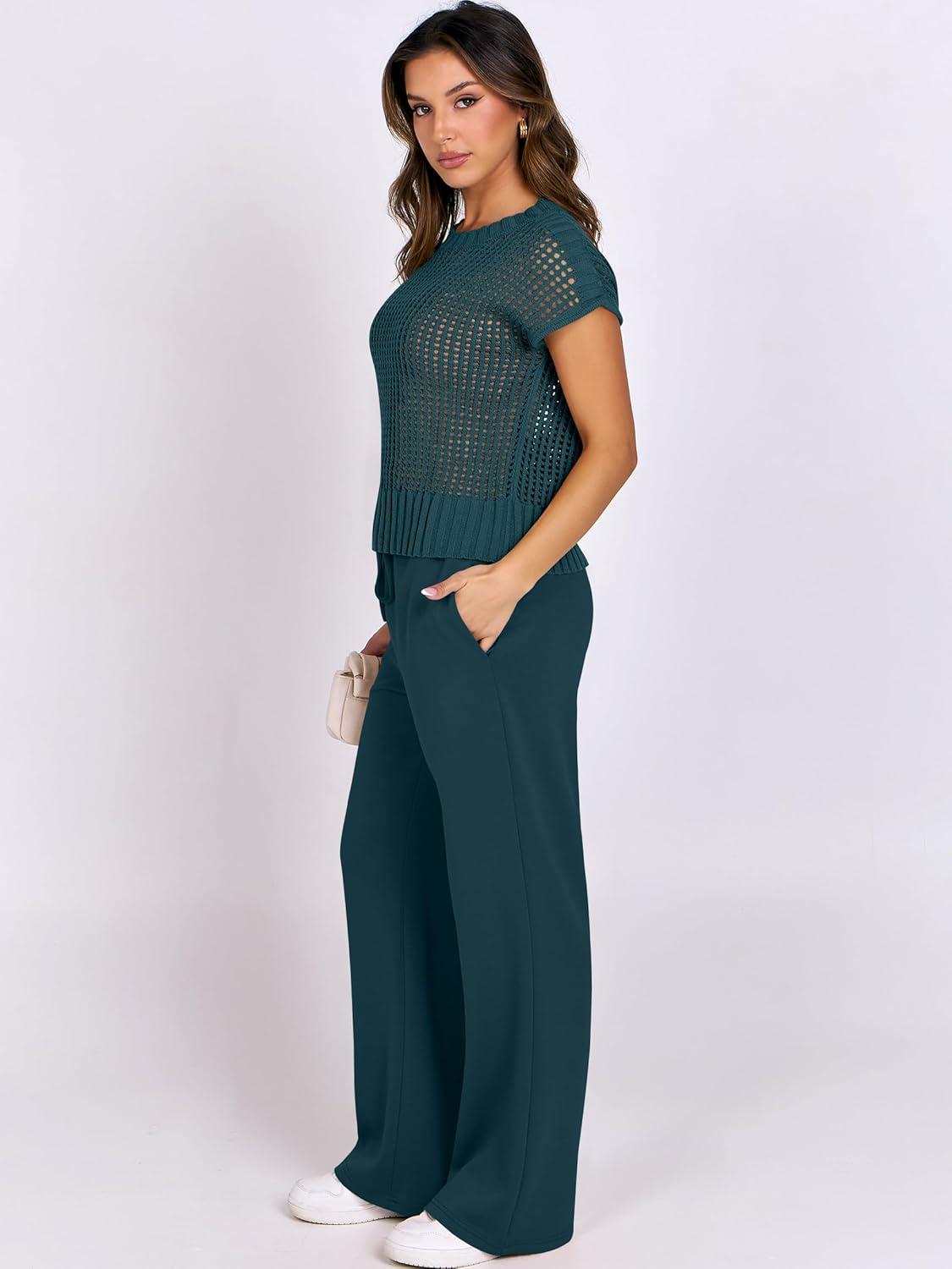 imageANRABESS Women Two Piece Outfits Crochet Sheer Knit Sweater Top Wide Leg Pants Lounge Matching Sets Sweatsuit Travel ClothesLake