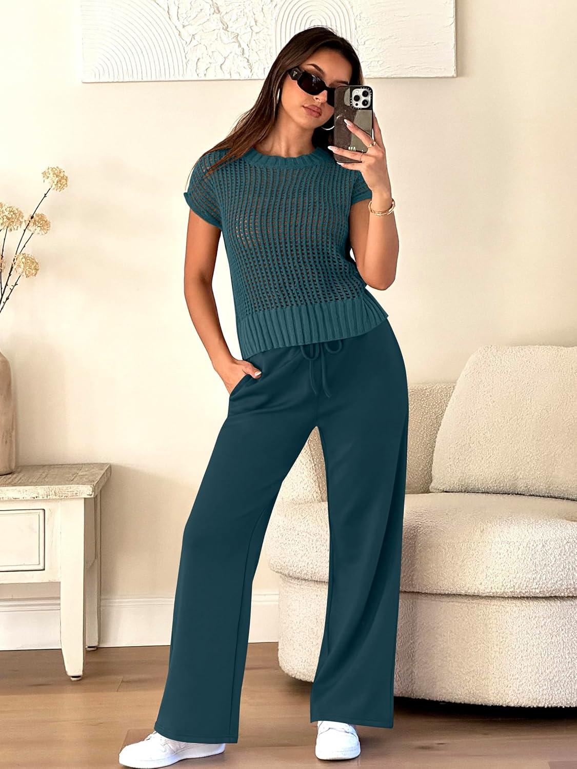 imageANRABESS Women Two Piece Outfits Crochet Sheer Knit Sweater Top Wide Leg Pants Lounge Matching Sets Sweatsuit Travel ClothesLake