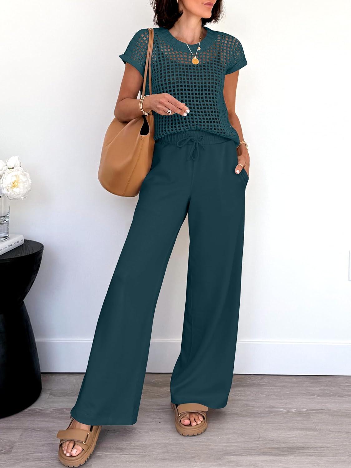 imageANRABESS Women Two Piece Outfits Crochet Sheer Knit Sweater Top Wide Leg Pants Lounge Matching Sets Sweatsuit Travel ClothesLake