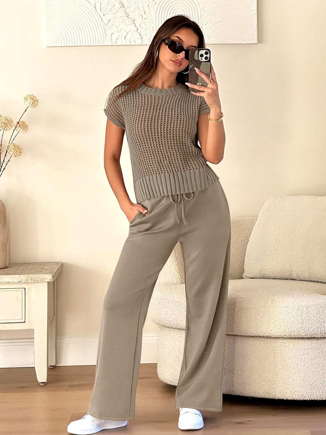 imageANRABESS Women Two Piece Outfits Crochet Sheer Knit Sweater Top Wide Leg Pants Lounge Matching Sets Sweatsuit Travel ClothesLight Brown