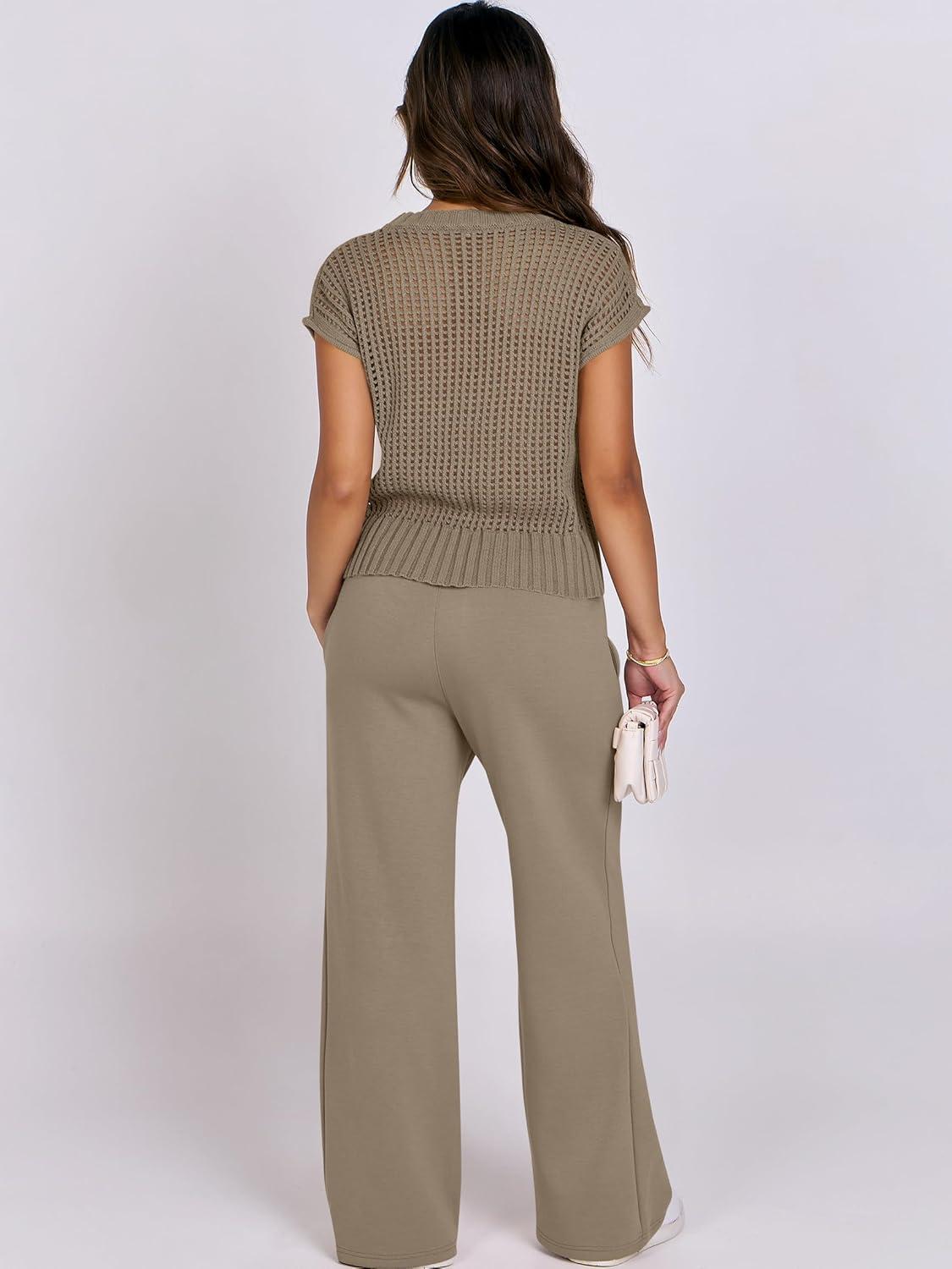 imageANRABESS Women Two Piece Outfits Crochet Sheer Knit Sweater Top Wide Leg Pants Lounge Matching Sets Sweatsuit Travel ClothesLight Brown