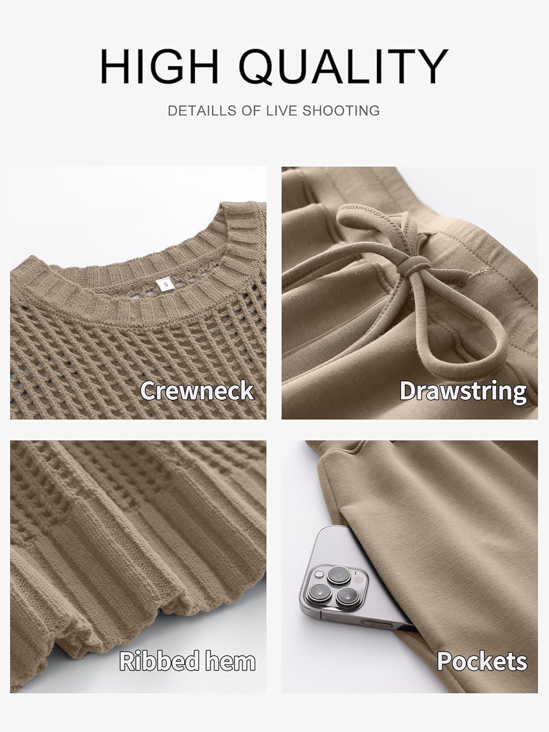 imageANRABESS Women Two Piece Outfits Crochet Sheer Knit Sweater Top Wide Leg Pants Lounge Matching Sets Sweatsuit Travel ClothesLight Brown