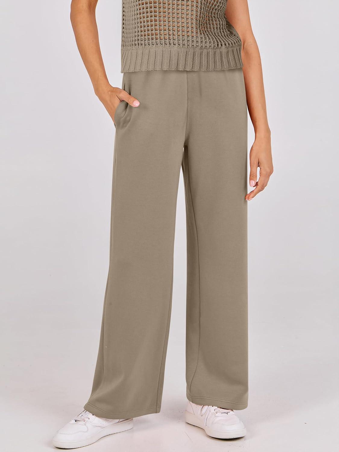 imageANRABESS Women Two Piece Outfits Crochet Sheer Knit Sweater Top Wide Leg Pants Lounge Matching Sets Sweatsuit Travel ClothesLight Brown