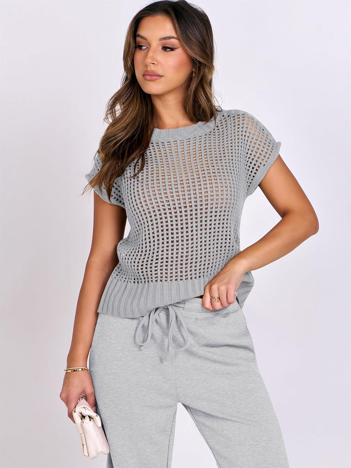 imageANRABESS Women Two Piece Outfits Crochet Sheer Knit Sweater Top Wide Leg Pants Lounge Matching Sets Sweatsuit Travel ClothesLight Grey