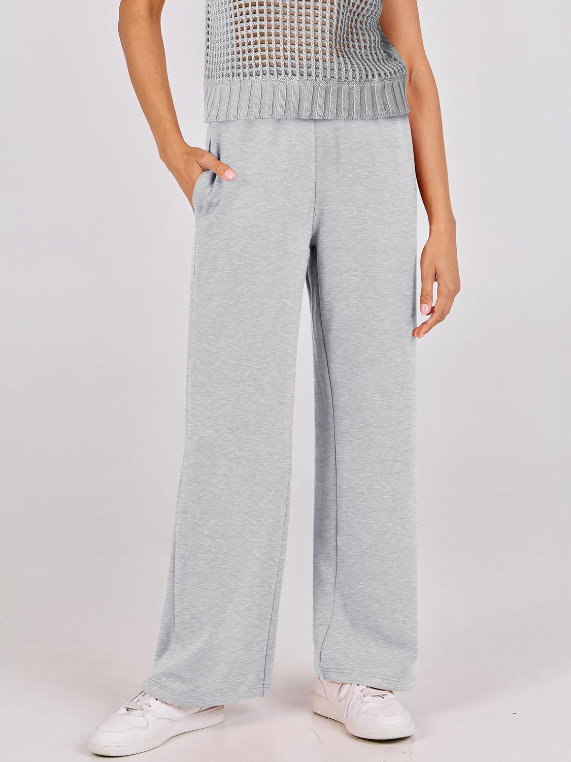 imageANRABESS Women Two Piece Outfits Crochet Sheer Knit Sweater Top Wide Leg Pants Lounge Matching Sets Sweatsuit Travel ClothesLight Grey