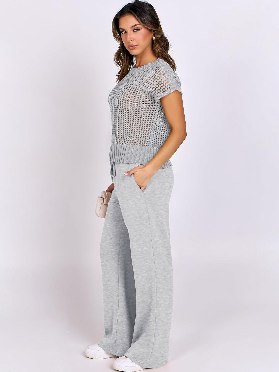 imageANRABESS Women Two Piece Outfits Crochet Sheer Knit Sweater Top Wide Leg Pants Lounge Matching Sets Sweatsuit Travel ClothesLight Grey