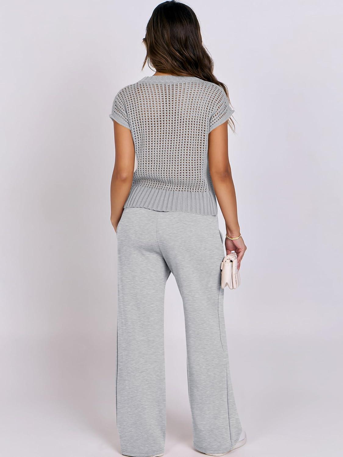 imageANRABESS Women Two Piece Outfits Crochet Sheer Knit Sweater Top Wide Leg Pants Lounge Matching Sets Sweatsuit Travel ClothesLight Grey