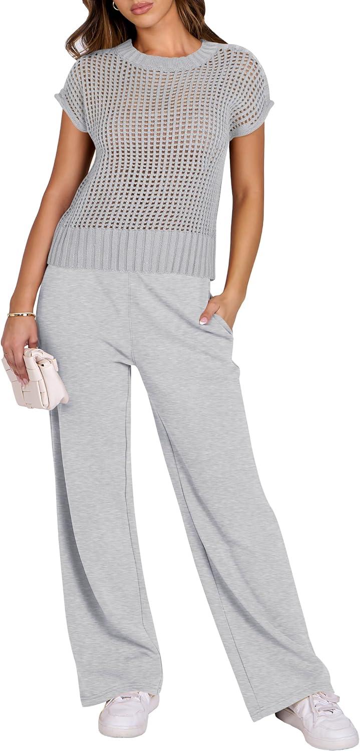 imageANRABESS Women Two Piece Outfits Crochet Sheer Knit Sweater Top Wide Leg Pants Lounge Matching Sets Sweatsuit Travel ClothesLight Grey