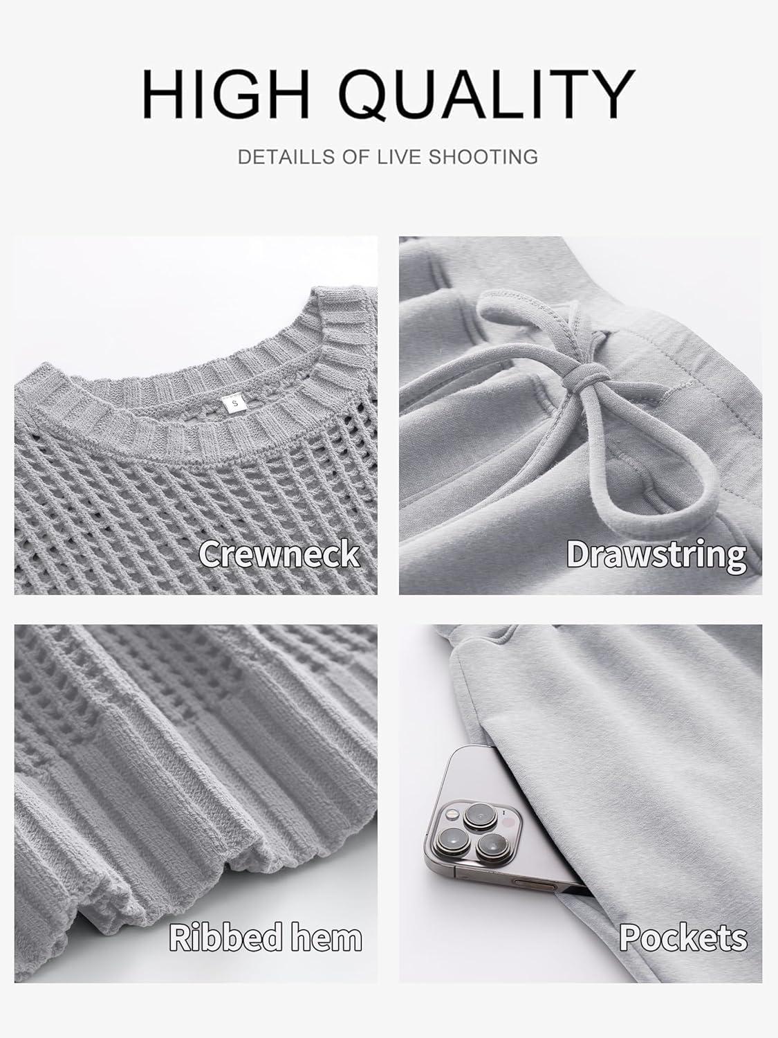 imageANRABESS Women Two Piece Outfits Crochet Sheer Knit Sweater Top Wide Leg Pants Lounge Matching Sets Sweatsuit Travel ClothesLight Grey