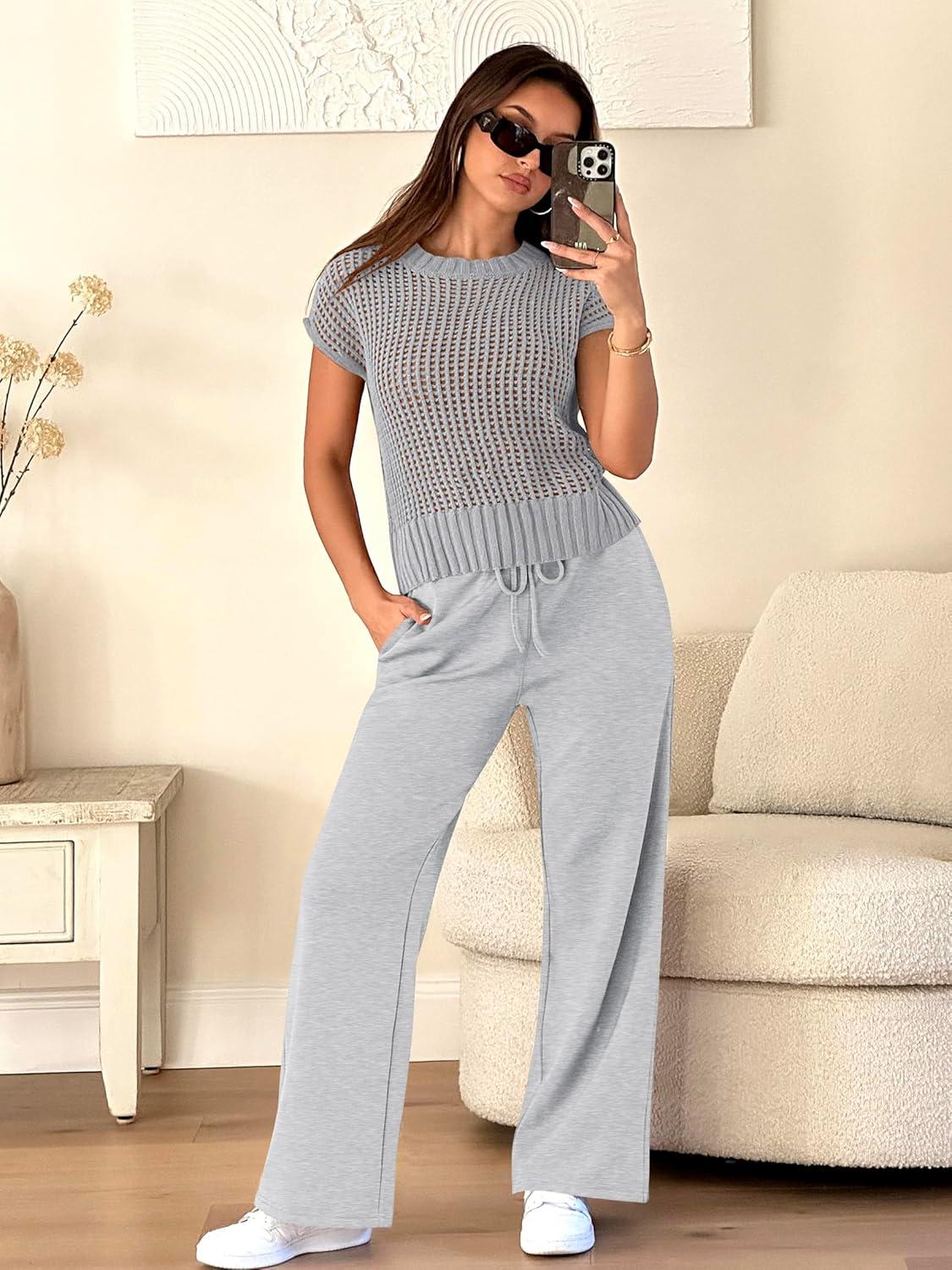 imageANRABESS Women Two Piece Outfits Crochet Sheer Knit Sweater Top Wide Leg Pants Lounge Matching Sets Sweatsuit Travel ClothesLight Grey