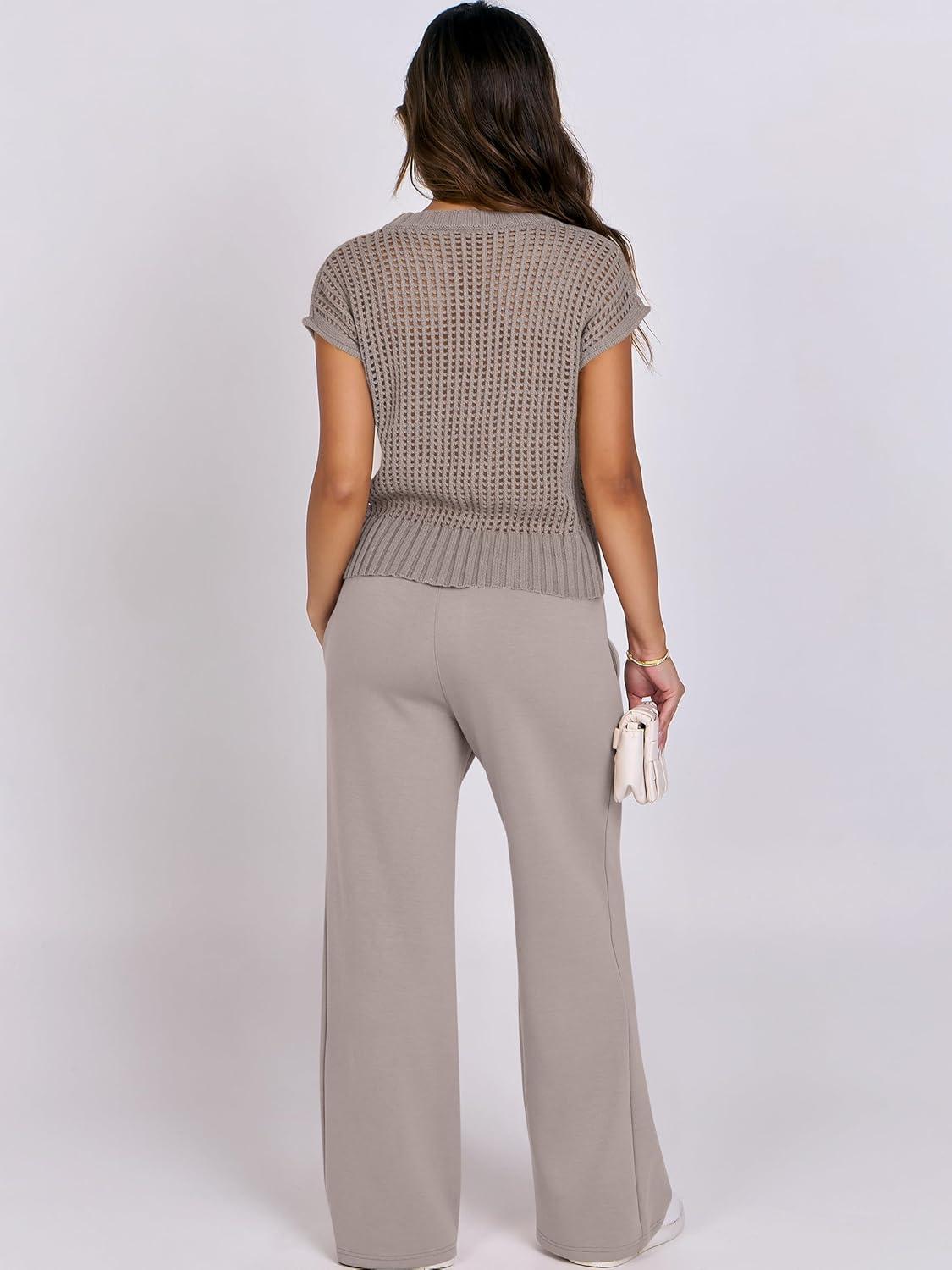 imageANRABESS Women Two Piece Outfits Crochet Sheer Knit Sweater Top Wide Leg Pants Lounge Matching Sets Sweatsuit Travel ClothesLight Khaki