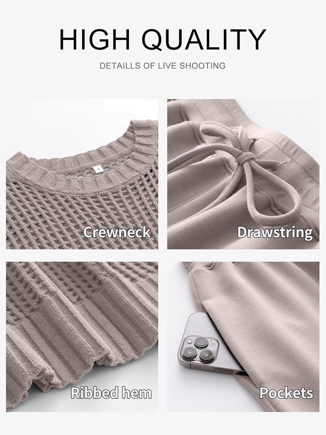 imageANRABESS Women Two Piece Outfits Crochet Sheer Knit Sweater Top Wide Leg Pants Lounge Matching Sets Sweatsuit Travel ClothesLight Khaki