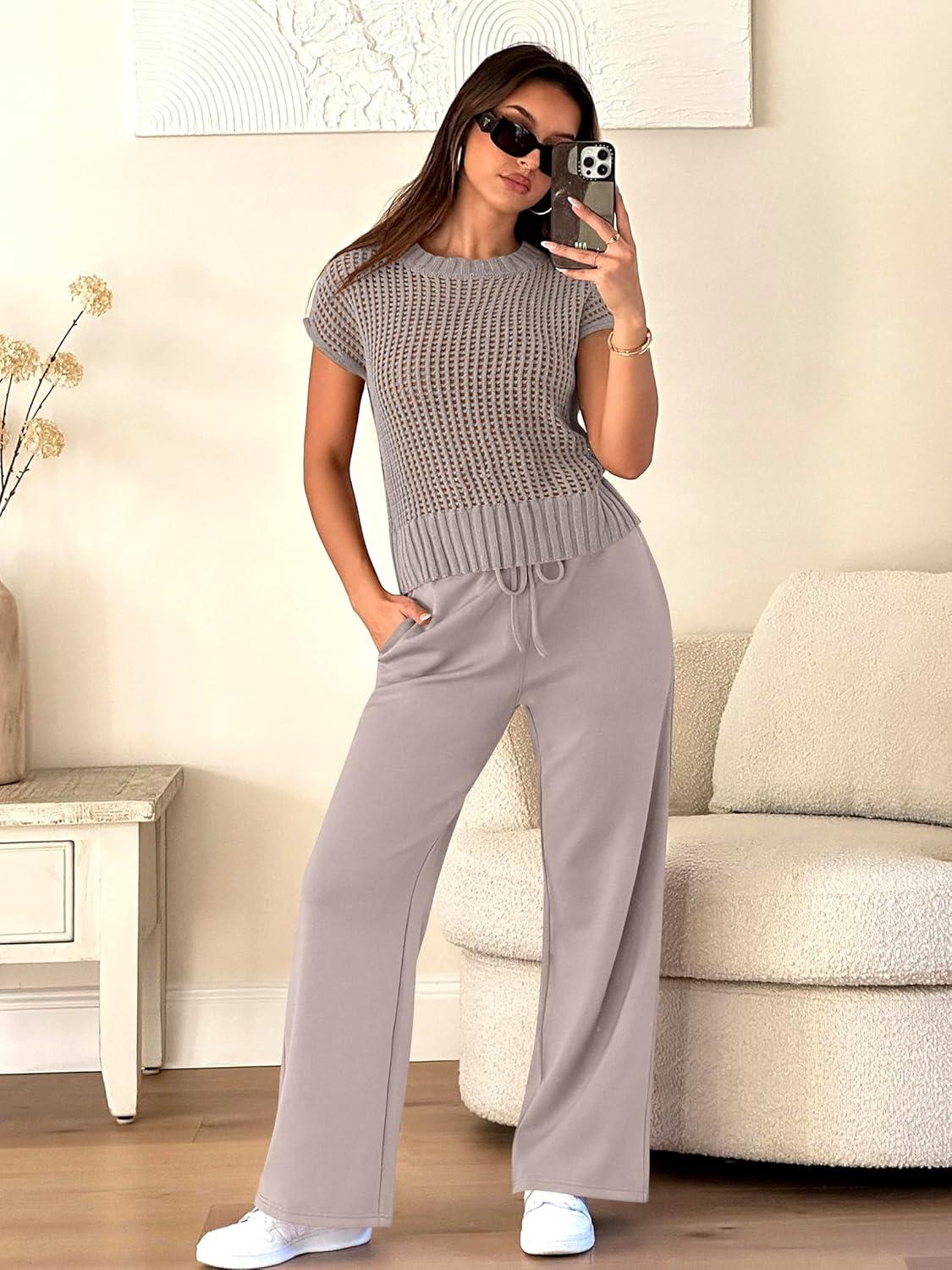 imageANRABESS Women Two Piece Outfits Crochet Sheer Knit Sweater Top Wide Leg Pants Lounge Matching Sets Sweatsuit Travel ClothesLight Khaki