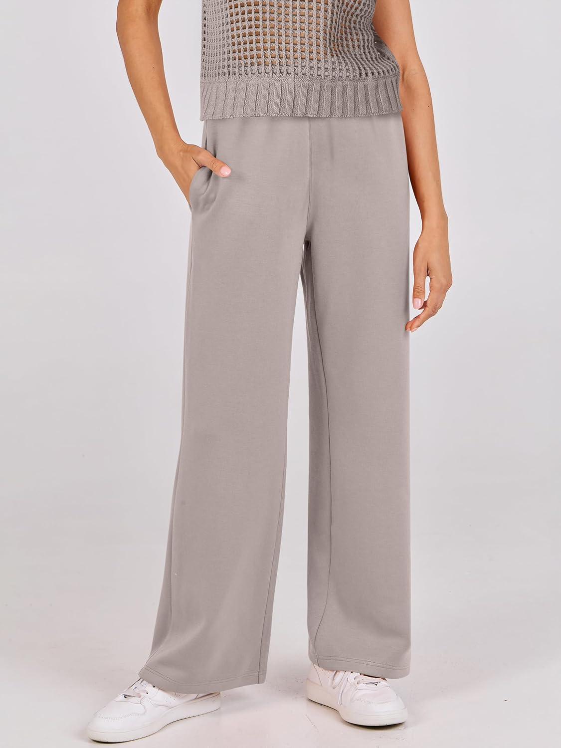 imageANRABESS Women Two Piece Outfits Crochet Sheer Knit Sweater Top Wide Leg Pants Lounge Matching Sets Sweatsuit Travel ClothesLight Khaki