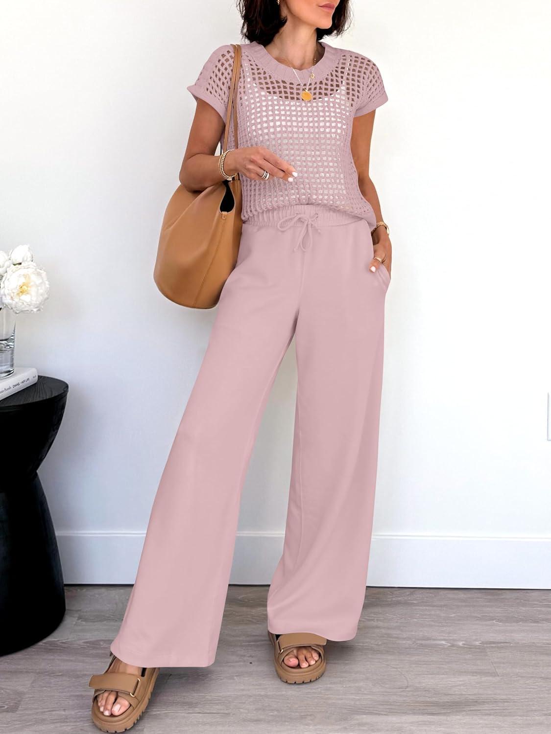 imageANRABESS Women Two Piece Outfits Crochet Sheer Knit Sweater Top Wide Leg Pants Lounge Matching Sets Sweatsuit Travel ClothesLight Pink