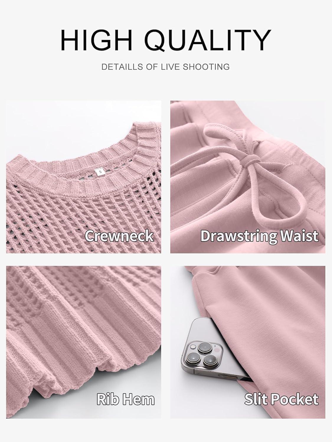 imageANRABESS Women Two Piece Outfits Crochet Sheer Knit Sweater Top Wide Leg Pants Lounge Matching Sets Sweatsuit Travel ClothesLight Pink