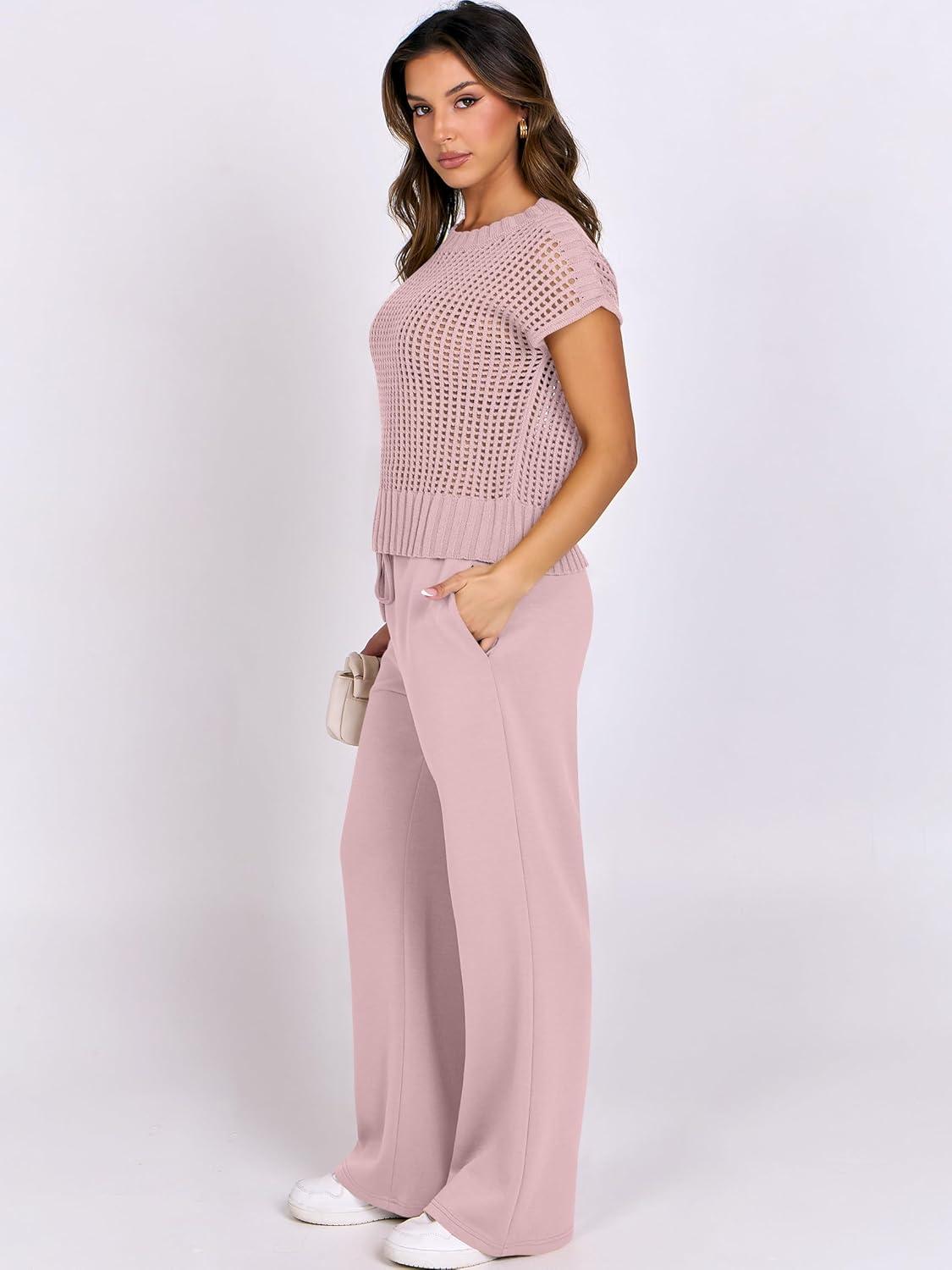 imageANRABESS Women Two Piece Outfits Crochet Sheer Knit Sweater Top Wide Leg Pants Lounge Matching Sets Sweatsuit Travel ClothesLight Pink