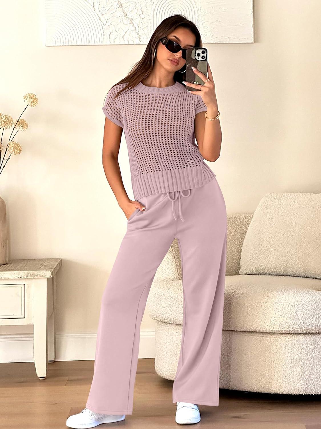 imageANRABESS Women Two Piece Outfits Crochet Sheer Knit Sweater Top Wide Leg Pants Lounge Matching Sets Sweatsuit Travel ClothesLight Pink