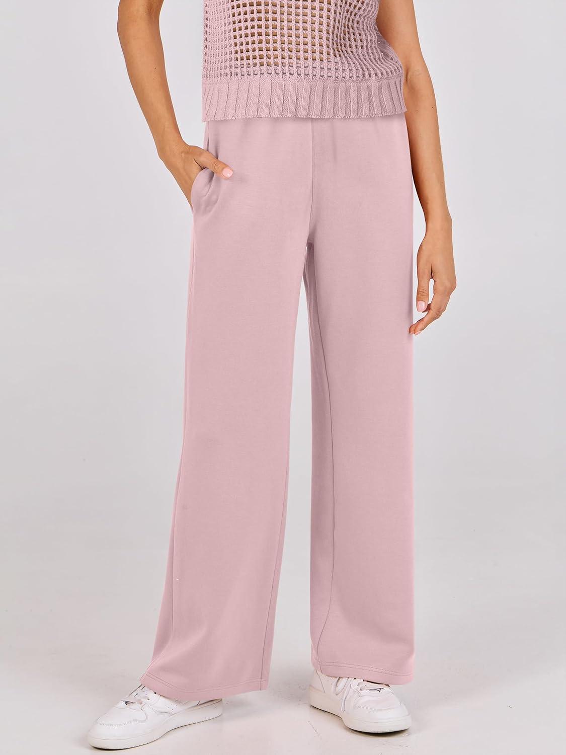 imageANRABESS Women Two Piece Outfits Crochet Sheer Knit Sweater Top Wide Leg Pants Lounge Matching Sets Sweatsuit Travel ClothesLight Pink