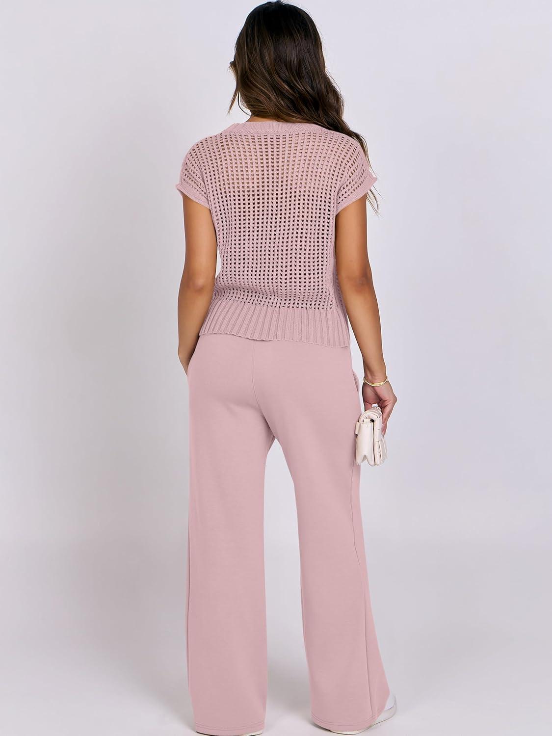 imageANRABESS Women Two Piece Outfits Crochet Sheer Knit Sweater Top Wide Leg Pants Lounge Matching Sets Sweatsuit Travel ClothesLight Pink