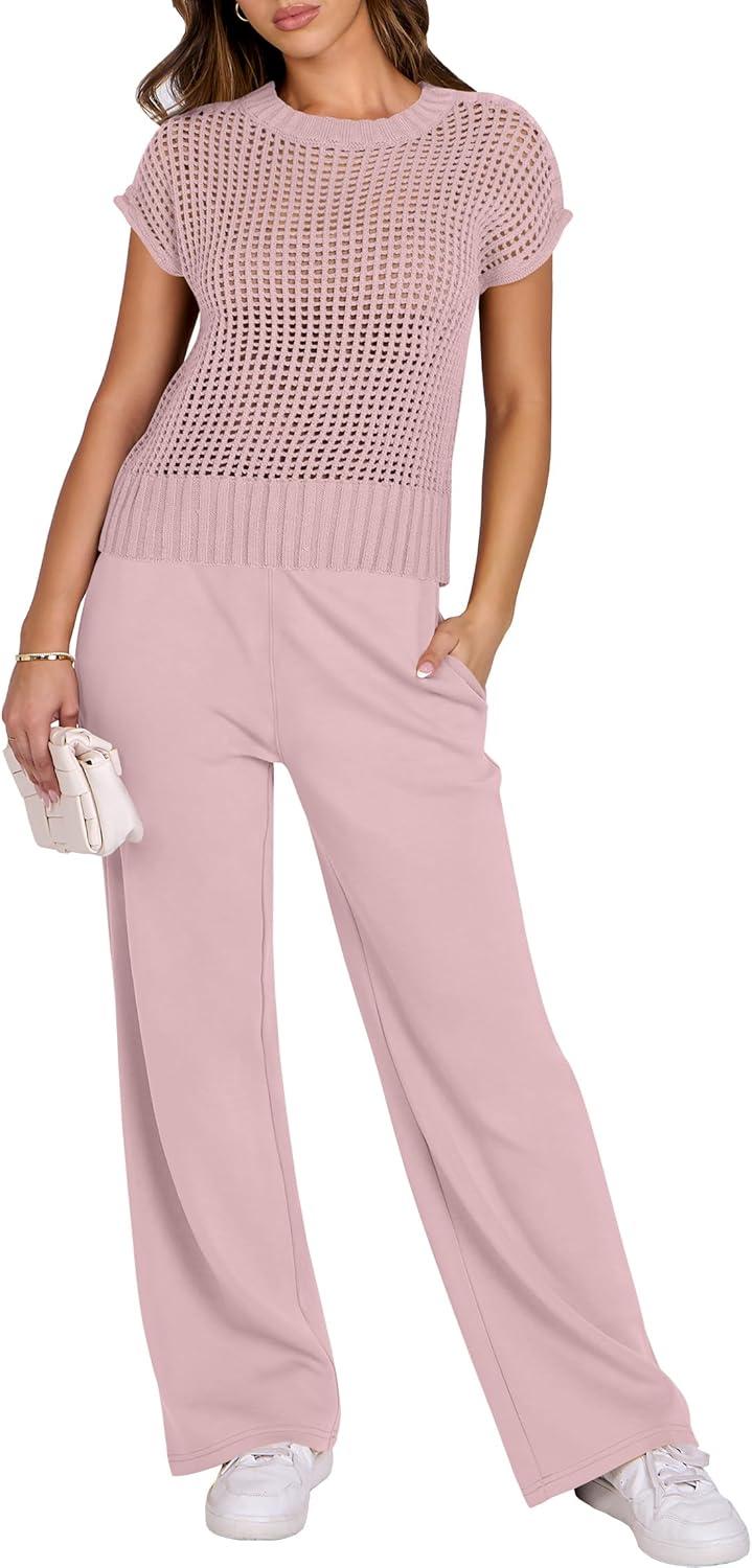 imageANRABESS Women Two Piece Outfits Crochet Sheer Knit Sweater Top Wide Leg Pants Lounge Matching Sets Sweatsuit Travel ClothesLight Pink