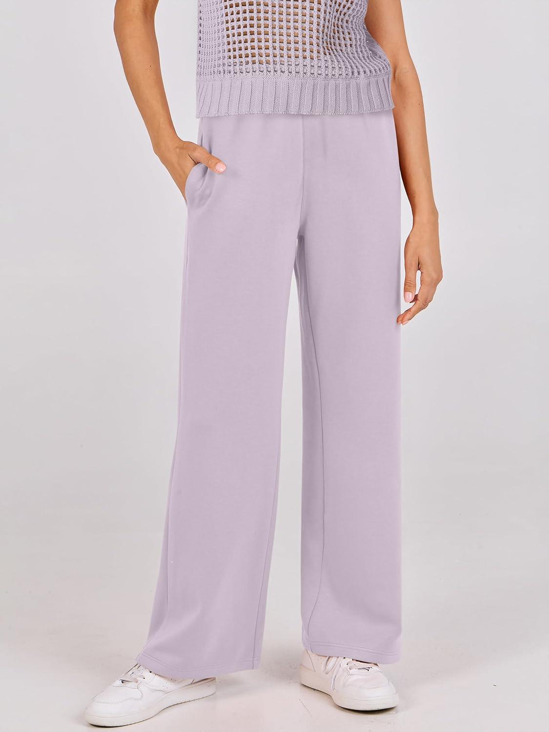 imageANRABESS Women Two Piece Outfits Crochet Sheer Knit Sweater Top Wide Leg Pants Lounge Matching Sets Sweatsuit Travel ClothesLight Purple