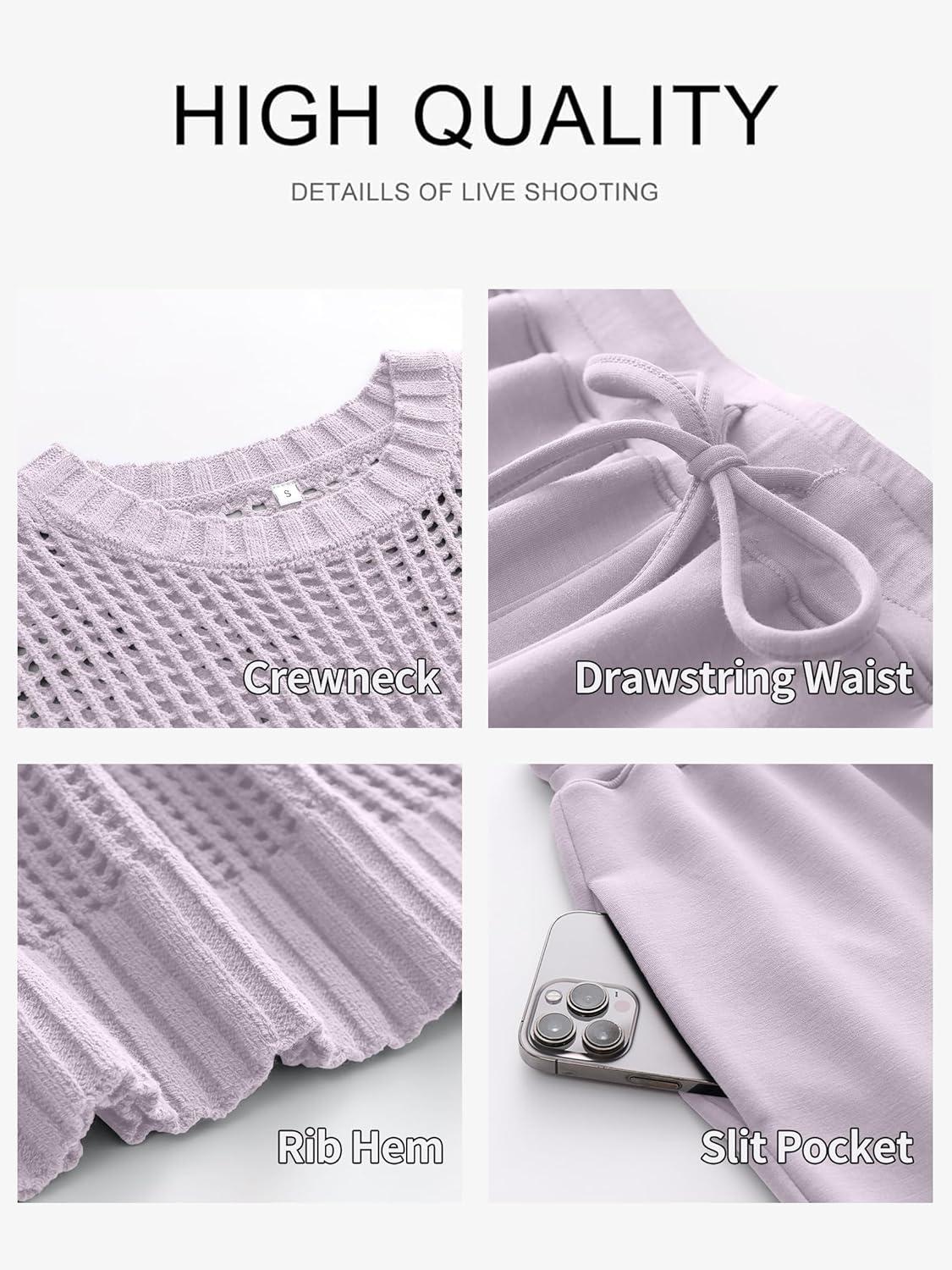 imageANRABESS Women Two Piece Outfits Crochet Sheer Knit Sweater Top Wide Leg Pants Lounge Matching Sets Sweatsuit Travel ClothesLight Purple