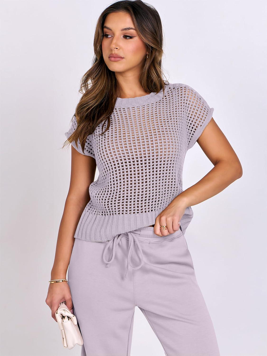 imageANRABESS Women Two Piece Outfits Crochet Sheer Knit Sweater Top Wide Leg Pants Lounge Matching Sets Sweatsuit Travel ClothesLight Purple