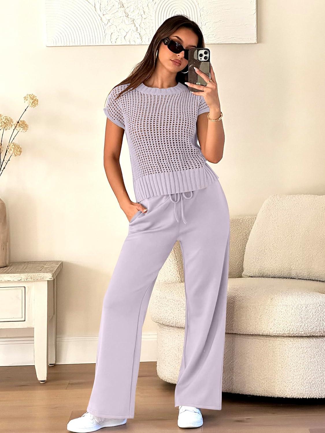 imageANRABESS Women Two Piece Outfits Crochet Sheer Knit Sweater Top Wide Leg Pants Lounge Matching Sets Sweatsuit Travel ClothesLight Purple