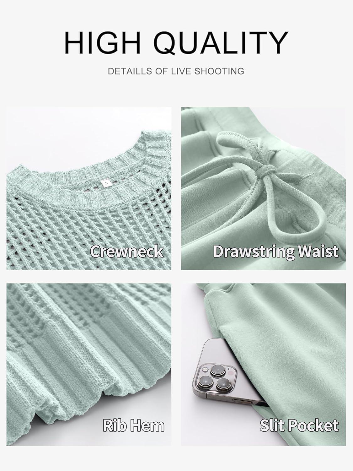 imageANRABESS Women Two Piece Outfits Crochet Sheer Knit Sweater Top Wide Leg Pants Lounge Matching Sets Sweatsuit Travel ClothesMint Green