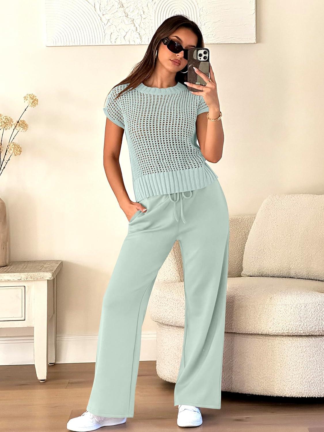 imageANRABESS Women Two Piece Outfits Crochet Sheer Knit Sweater Top Wide Leg Pants Lounge Matching Sets Sweatsuit Travel ClothesMint Green