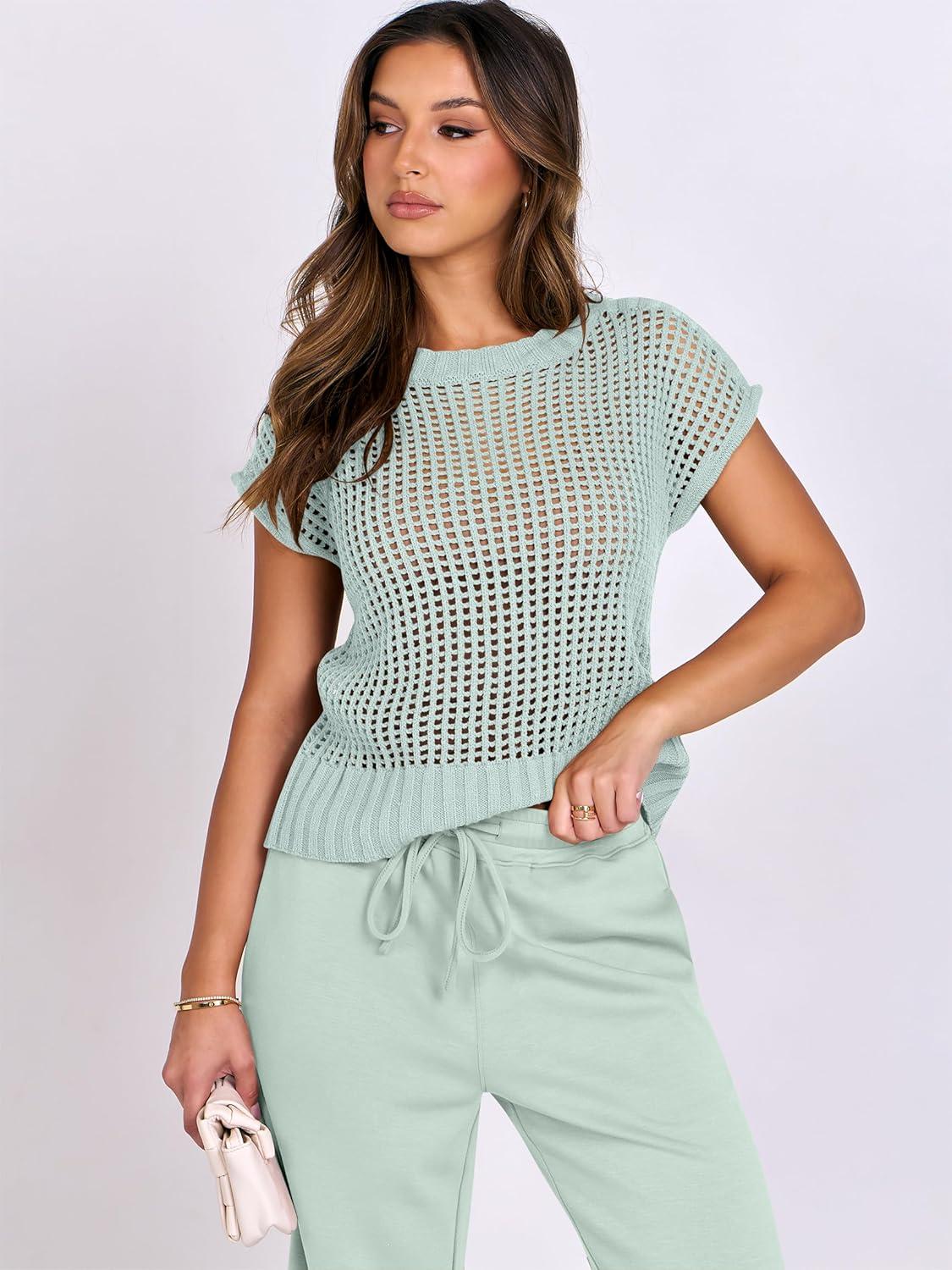 imageANRABESS Women Two Piece Outfits Crochet Sheer Knit Sweater Top Wide Leg Pants Lounge Matching Sets Sweatsuit Travel ClothesMint Green