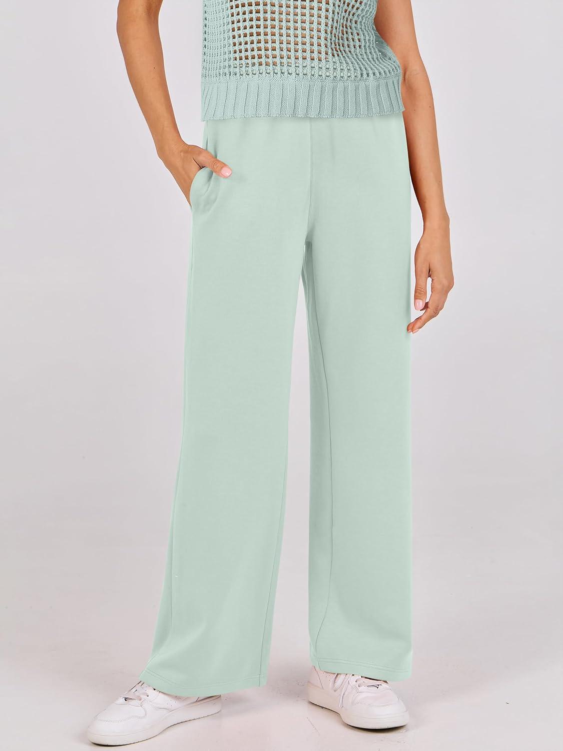 imageANRABESS Women Two Piece Outfits Crochet Sheer Knit Sweater Top Wide Leg Pants Lounge Matching Sets Sweatsuit Travel ClothesMint Green