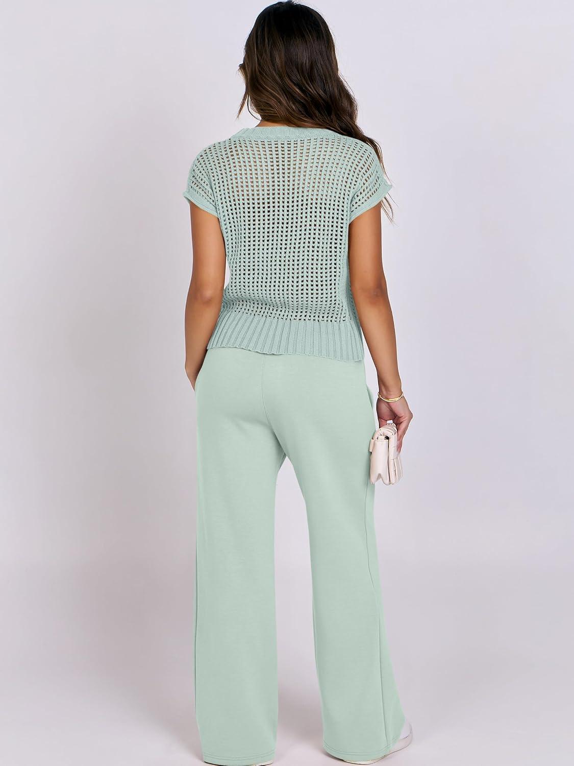 imageANRABESS Women Two Piece Outfits Crochet Sheer Knit Sweater Top Wide Leg Pants Lounge Matching Sets Sweatsuit Travel ClothesMint Green