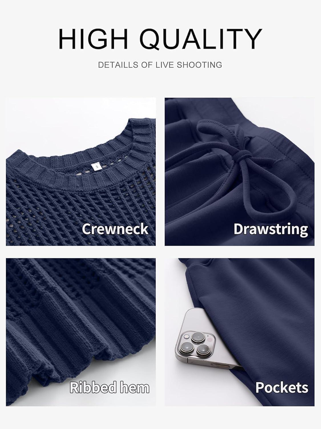 imageANRABESS Women Two Piece Outfits Crochet Sheer Knit Sweater Top Wide Leg Pants Lounge Matching Sets Sweatsuit Travel ClothesNavy Blue