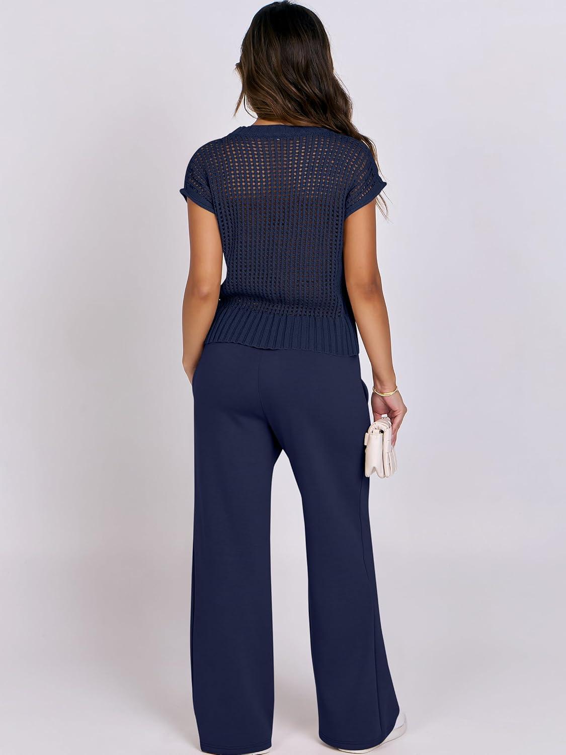 imageANRABESS Women Two Piece Outfits Crochet Sheer Knit Sweater Top Wide Leg Pants Lounge Matching Sets Sweatsuit Travel ClothesNavy Blue