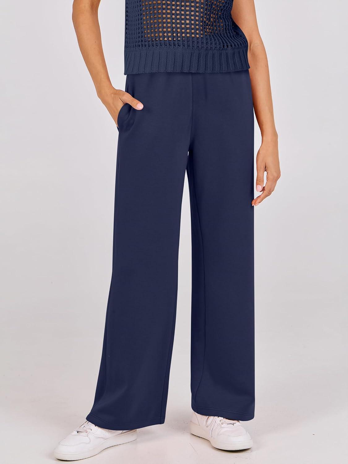 imageANRABESS Women Two Piece Outfits Crochet Sheer Knit Sweater Top Wide Leg Pants Lounge Matching Sets Sweatsuit Travel ClothesNavy Blue